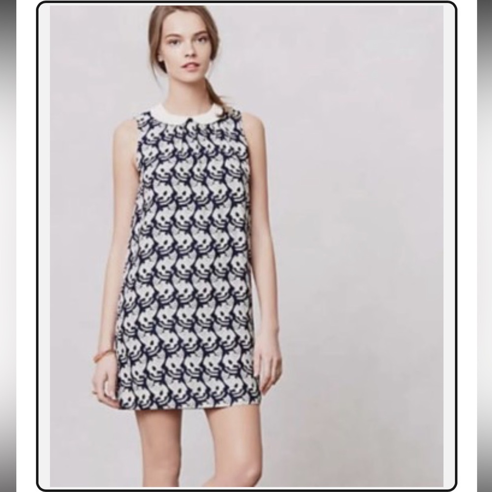 Anthropologie Postmark Navy Cat Print Chaton Dress Peter Pan Collar